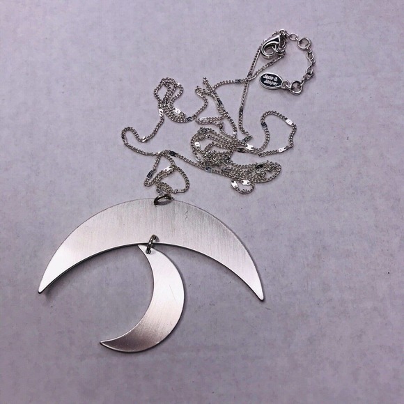 Signed Jade & Jasper Necklace Silver Tone Crescent Moon Dangle Pendant 32" Long - Picture 2 of 11